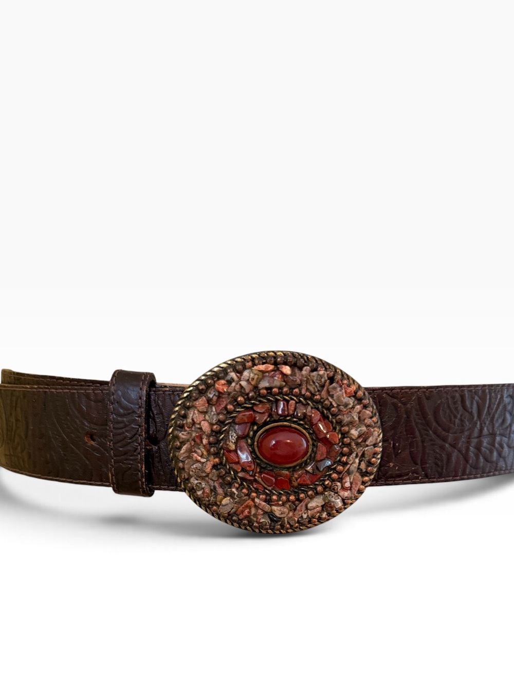 Leatherrock Brown Leather Belt with Decorative Red Stone Oval Buckle L